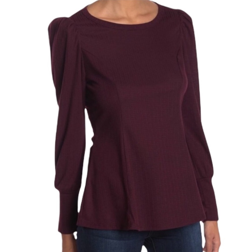 Status by Chenault Burgundy Ribbed Puffed Cuffed Long Sleeved Top Medium NEW